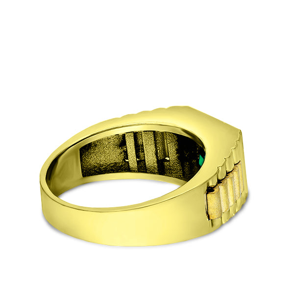 Green Emerald Statement Solid Fine 14k Yellow Gold Men's Heavy Wide Ring