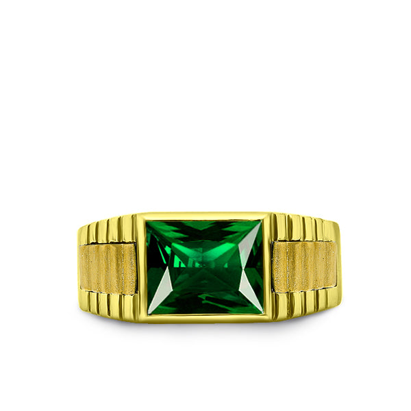 18K Yellow Gold Plated Mens Heavy Silver Ring with Green Emerald Gemstone