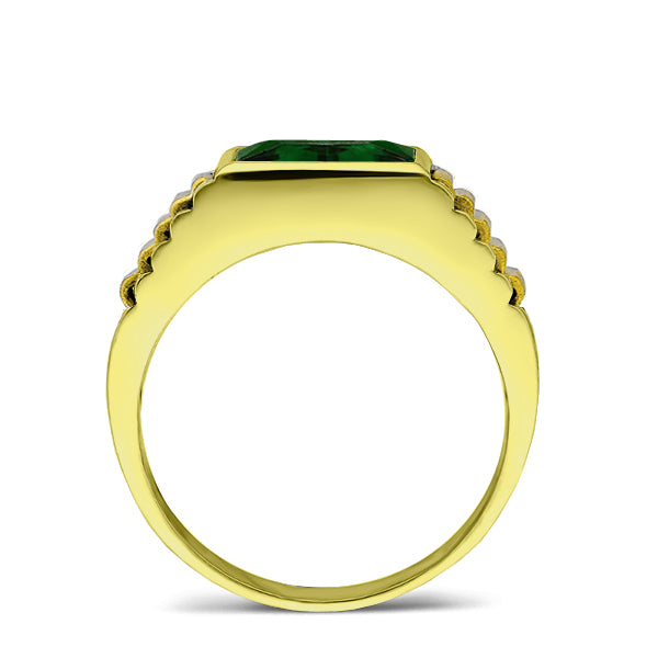 Green Emerald Statement Solid Fine 14k Yellow Gold Men's Heavy Wide Ring