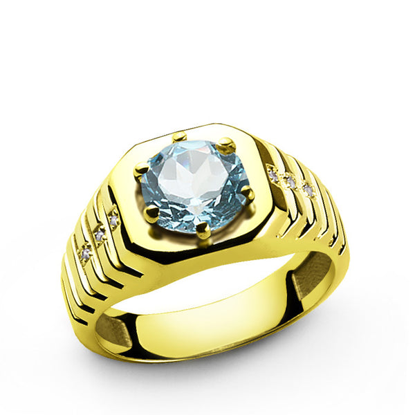 Diamonds Men's Ring in 10k Yellow Gold with Blue Topaz, Gemstone Ring for Men