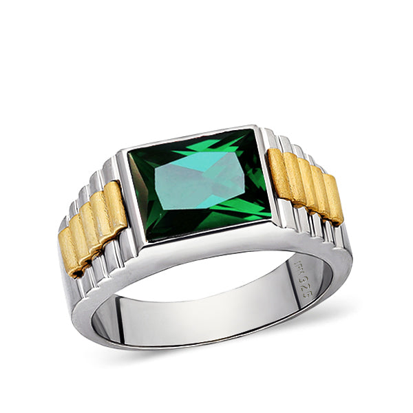 Watch Strap Men's Ring 925 Sterling Silver Pinky Gem Band Emerald