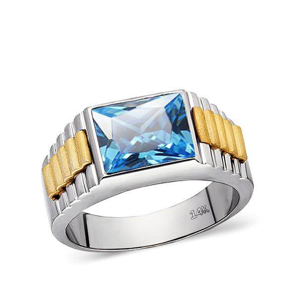 Real Solid Fine 14k White Gold Classic Ring for Men with Blue Topaz Gemstone