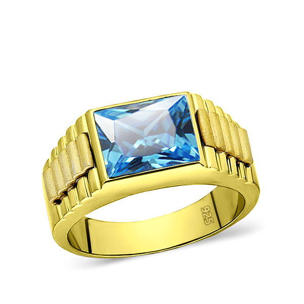 Mens Solid 18K Gold Blue Topaz Gemstone Ring 2 Natural Diamond Accents