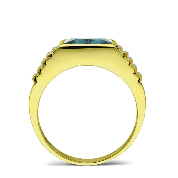 Mens Solid 18K Gold Blue Topaz Gemstone Ring 2 Natural Diamond Accents