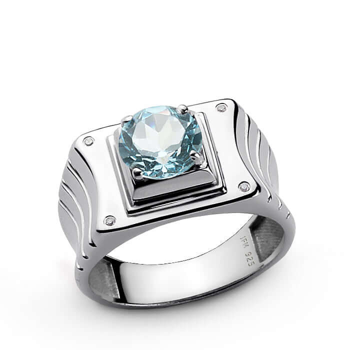 Men's 4 Diamond Ring in 925 Silver with Prong Set Gemstone
