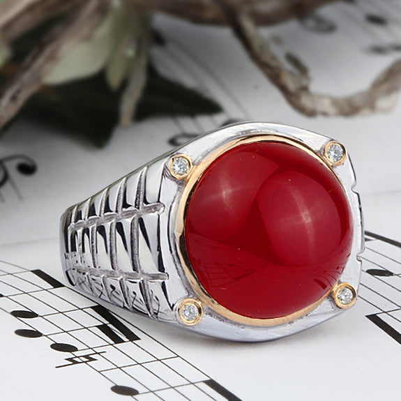 Sterling Silver Men's Ring with 4 NATURAL DIAMONDS and Red Agate | JFM