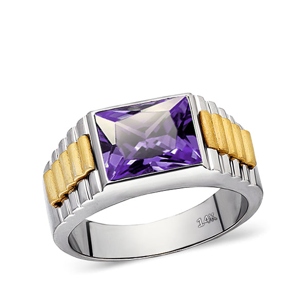Solid Fine 14k White Gold Mens Ring With Rectangle Purple Amethyst Stone All Sz
