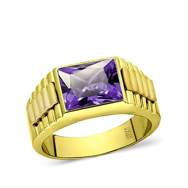 18K Yellow Gold Plated Mens Heavy Silver Ring with Purple Amethyst Gem All Sz