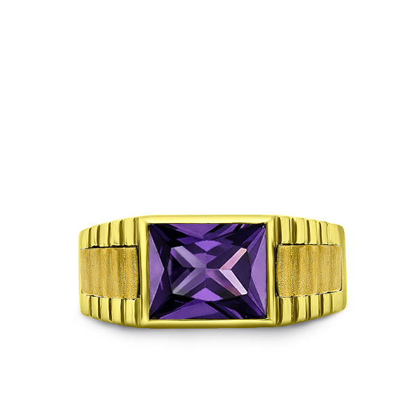 18K Yellow Gold Plated Mens Heavy Silver Ring with Purple Amethyst Gem All Sz