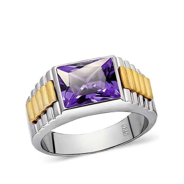 Mens Band Heavy Ring Amethyst Gemstone Solid Fine 925K Sterling Silver Jewelry