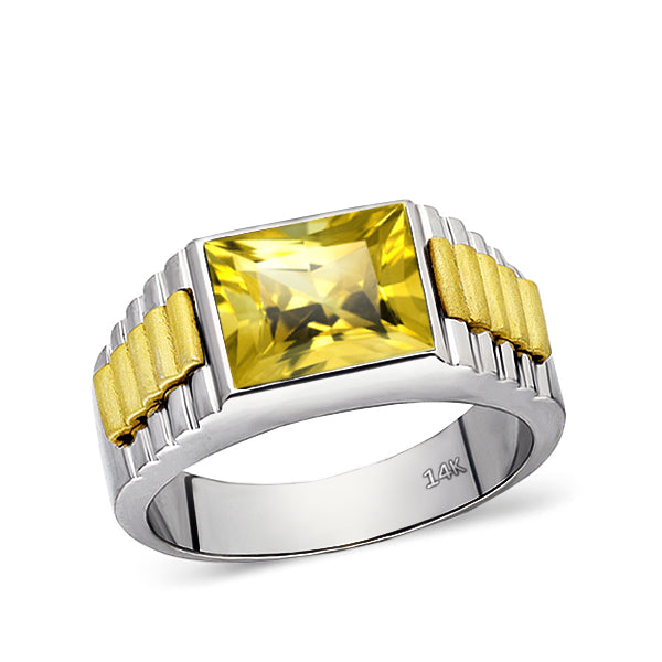 Solid Fine 14k White Gold Mens Ring With Rectangle Yellow Citrine Stone All Sz