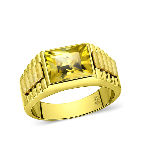 18K Yellow Gold Plated Mens Heavy Silver Ring Yellow Citrine Gemstone All Sz