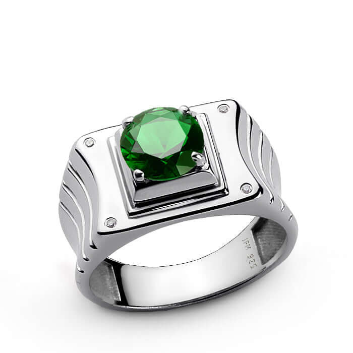 Men's 4 Diamond Ring in 925 Silver with Prong Set Gemstone
