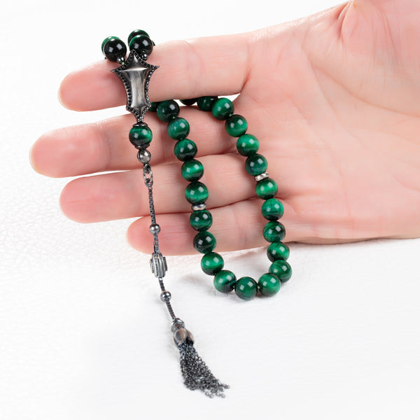 Islamic 33 Stone Rosary Green Tiger's Eye Natural Gemstone Tasbih Sufi Worry Beads