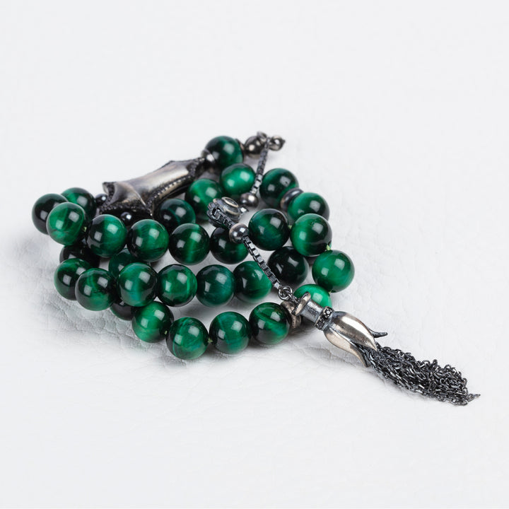 Islamic 33 Stone Rosary Green Tiger's Eye Natural Gemstone Tasbih Sufi Worry Beads