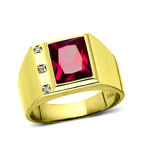 18K Real Yellow Fine Gold Red Ruby Mens Ring with 3 Natural Diamonds Accents
