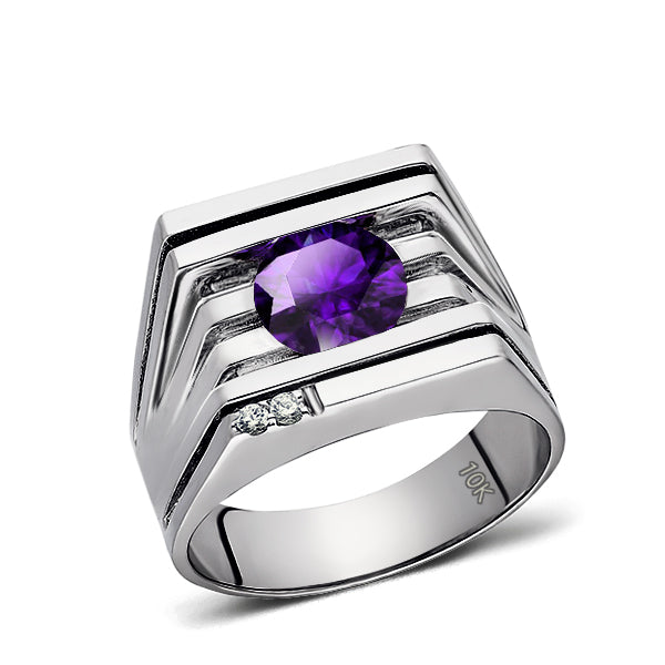 Mens Solid 10K White Gold Ring with Purple Amethyst and GENUINE DIAMONDS