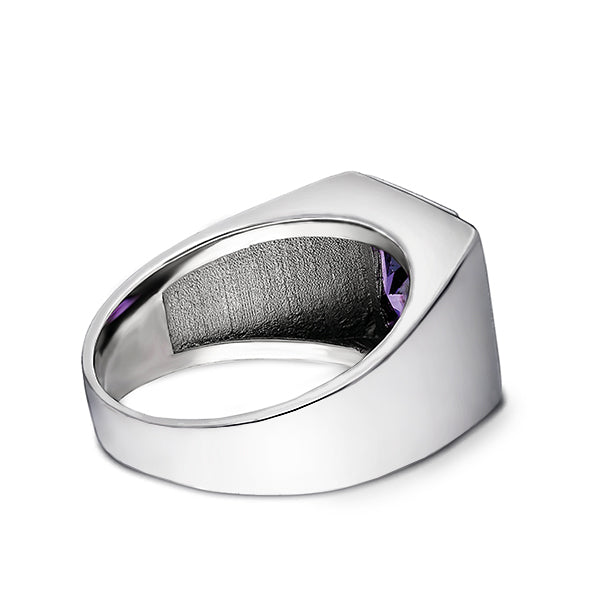 Solid 14K White Gold Amethyst Mens Ring 0.06ct Natural Diamonds Ring for Men