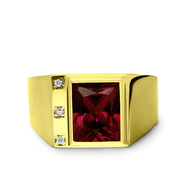 18K Gold Plated on 925 Solid Silver Mens Red Ruby Ring With 3 Diamond Accents