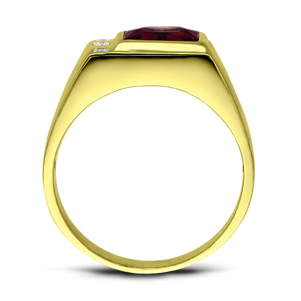 18K Gold Plated on 925 Solid Silver Mens Red Ruby Ring With 3 Diamond Accents