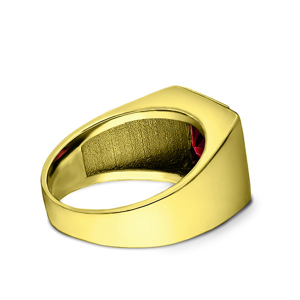 18K Gold Plated on 925 Solid Silver Mens Red Ruby Ring With 3 Diamond Accents