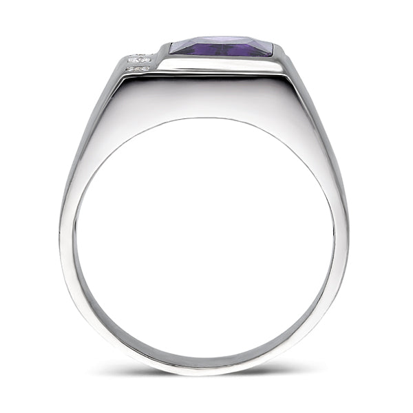 Solid 14K White Gold Amethyst Mens Ring 0.06ct Natural Diamonds Ring for Men