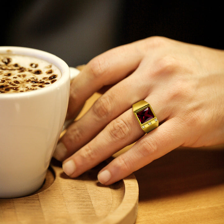 18K Gold Plated on 925 Solid Silver Mens Red Ruby Ring With 3 Diamond Accents