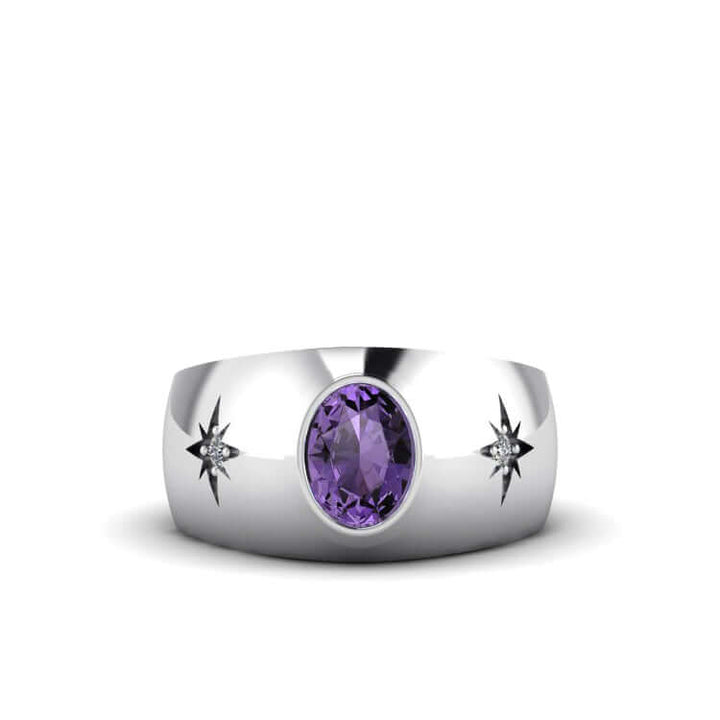 Oval Gemstone Men's Ring 925 Silver Wide Engagement Band 