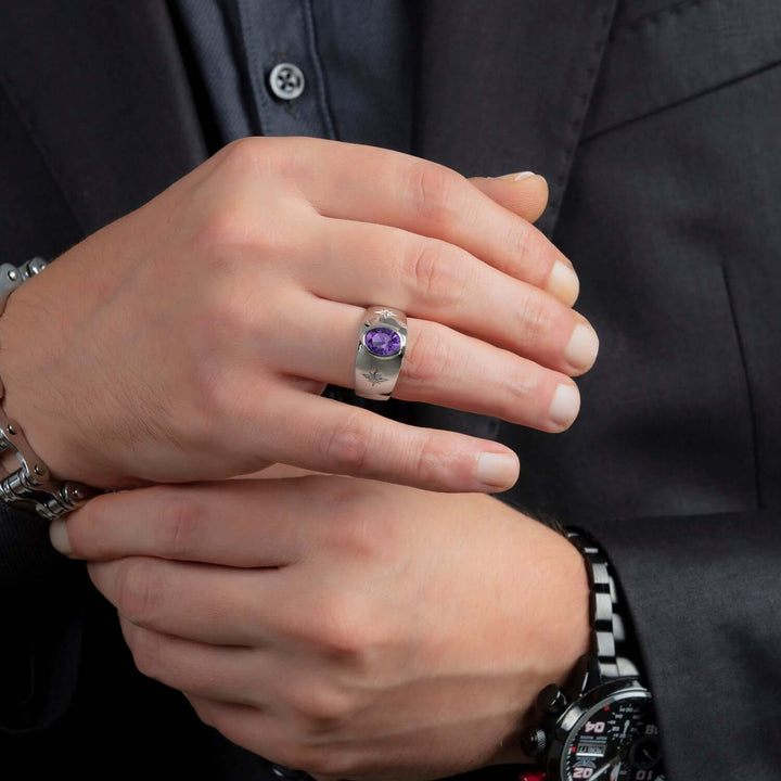 Oval Gemstone Men's Ring 925 Silver Wide Engagement Band 