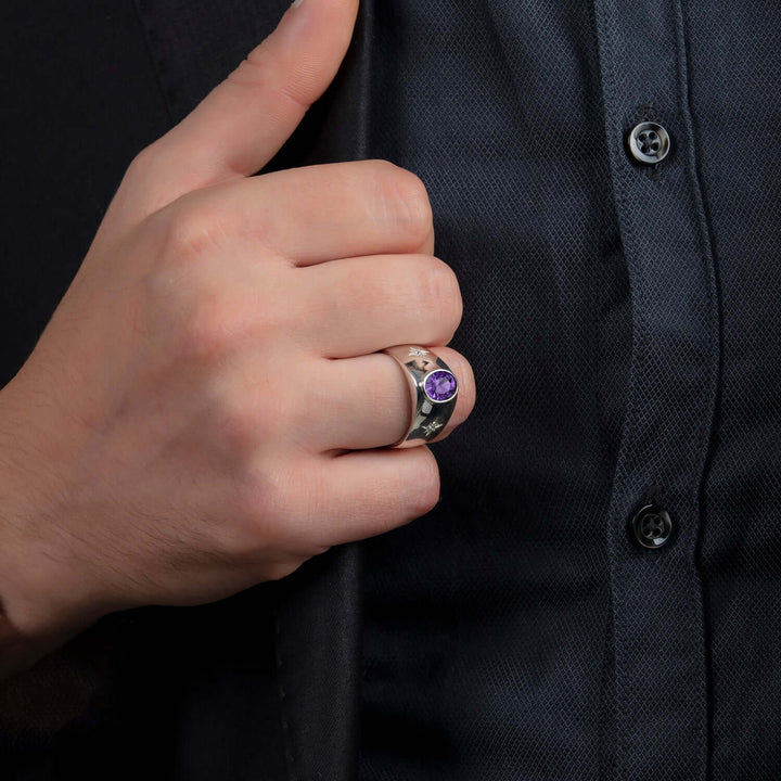 Oval Gemstone Men's Ring 925 Silver Wide Engagement Band 