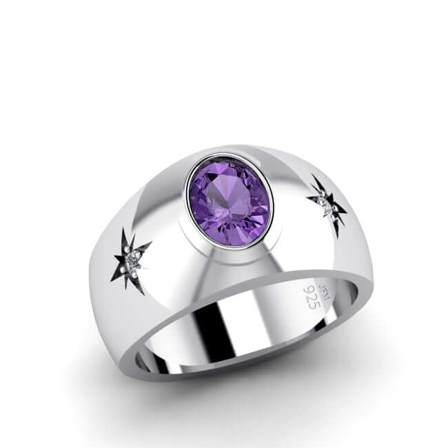 Oval Gemstone Men's Ring 925 Silver Wide Engagement Band 