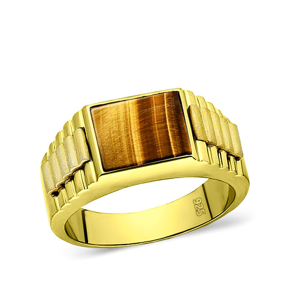 18K Yellow Gold Plated Mens Heavy Silver Ring Band Large Tiger's Eye Jewelry