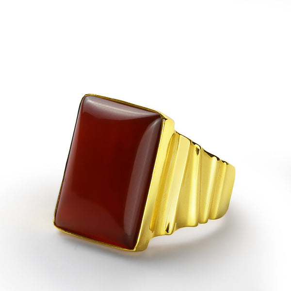 Men's Ring Red Agate in 10k Yellow Gold, Men's Natural Stone Ring
