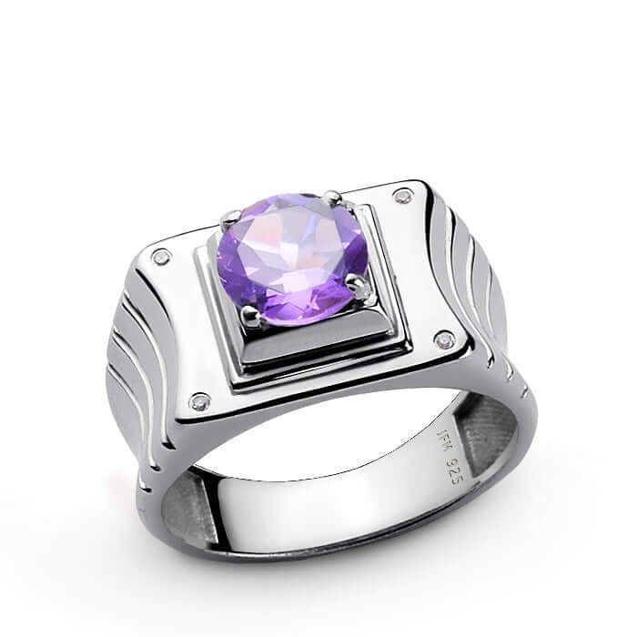 Men's 4 Diamond Ring in 925 Silver with Prong Set Gemstone