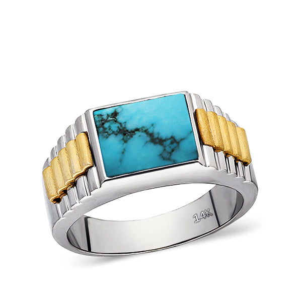 Turquoise Jewelry Man Statement Solid Fine 14k White Gold Men's Heavy Wide Ring