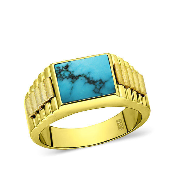 18K Yellow Gold Plated Mens Heavy Silver Ring Band Large Turquoise Stone Jewelry