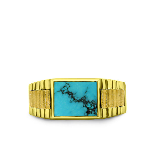 18K Yellow Gold Plated Mens Heavy Silver Ring Band Large Turquoise Stone Jewelry