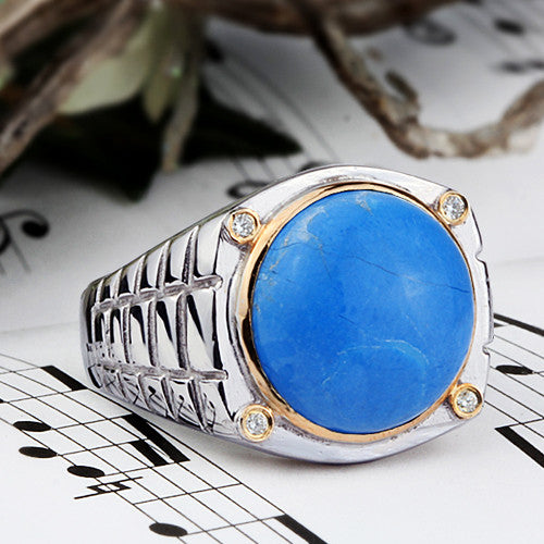 Men's Ring Sterling Silver with 4 Natural Diamonds and Blue Turquoise