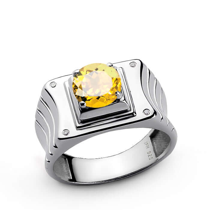 Men's 4 Diamond Ring in 925 Silver with Prong Set Gemstone