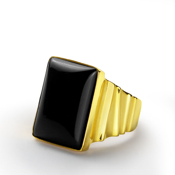 Men's Ring with Natural Black Onyx Gemstone in 14k Yellow Gold