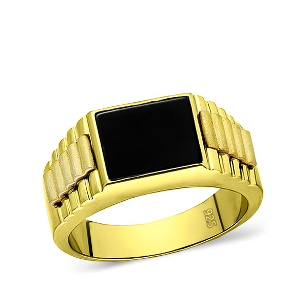 18K Yellow Gold Plated Mens Heavy Silver Ring Band Black Onyx Stone Jewelry