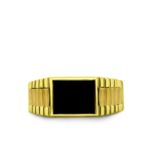 18K Solid Yellow Gold Mens Ring With Natural Rectangle Black Onyx Stone All Sz