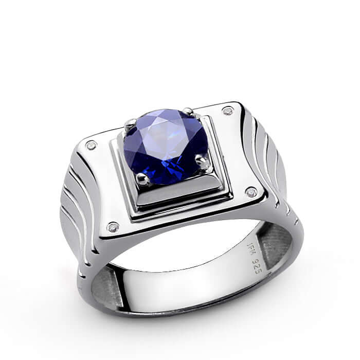 Men's 4 Diamond Ring in 925 Silver with Prong Set Gemstone
