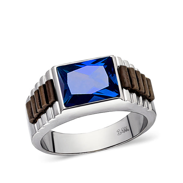 Real Fine 14k White Gold Heavy Ring For Men With Rectangle Blue Sapphire Stone
