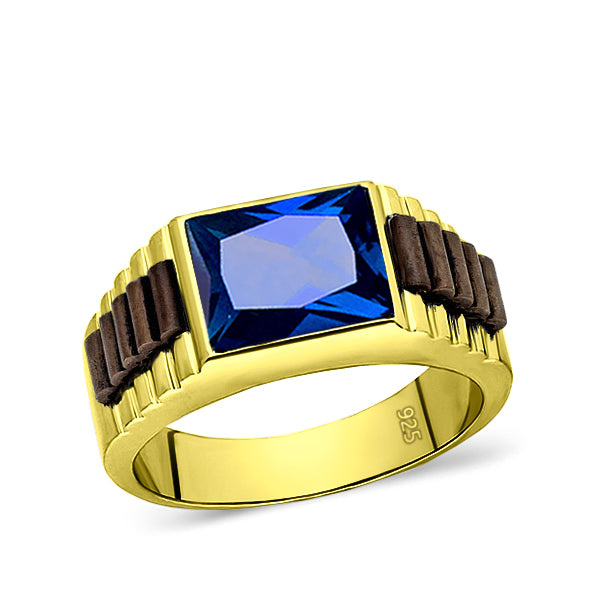 18K Yellow Gold Plated Men's Silver Sapphire Band Statement Ring