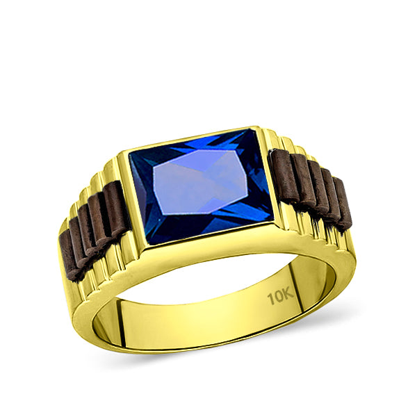 Solid 10k Yellow Gold Mens Ring Blue Sapphire Gemstone Modern Band Ring for Man