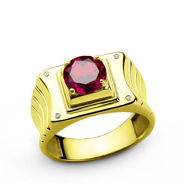 14k Yellow Gold Men's Ring with Ruby Gemstone and Natural Diamonds