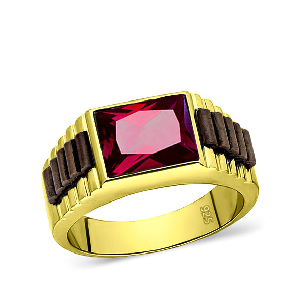 18K Yellow Gold Plated Mens Heavy Silver Band Ring Red Ruby Gemstone Jewelry