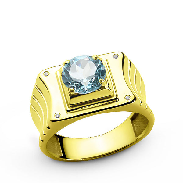 Men's Ring with Blue Topaz and Diamonds in 14k Yellow Gold