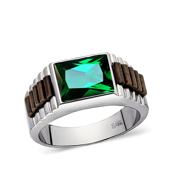 Real Fine 14k White Gold Classic Ring For Men With Rectangle Green Emerald Stone